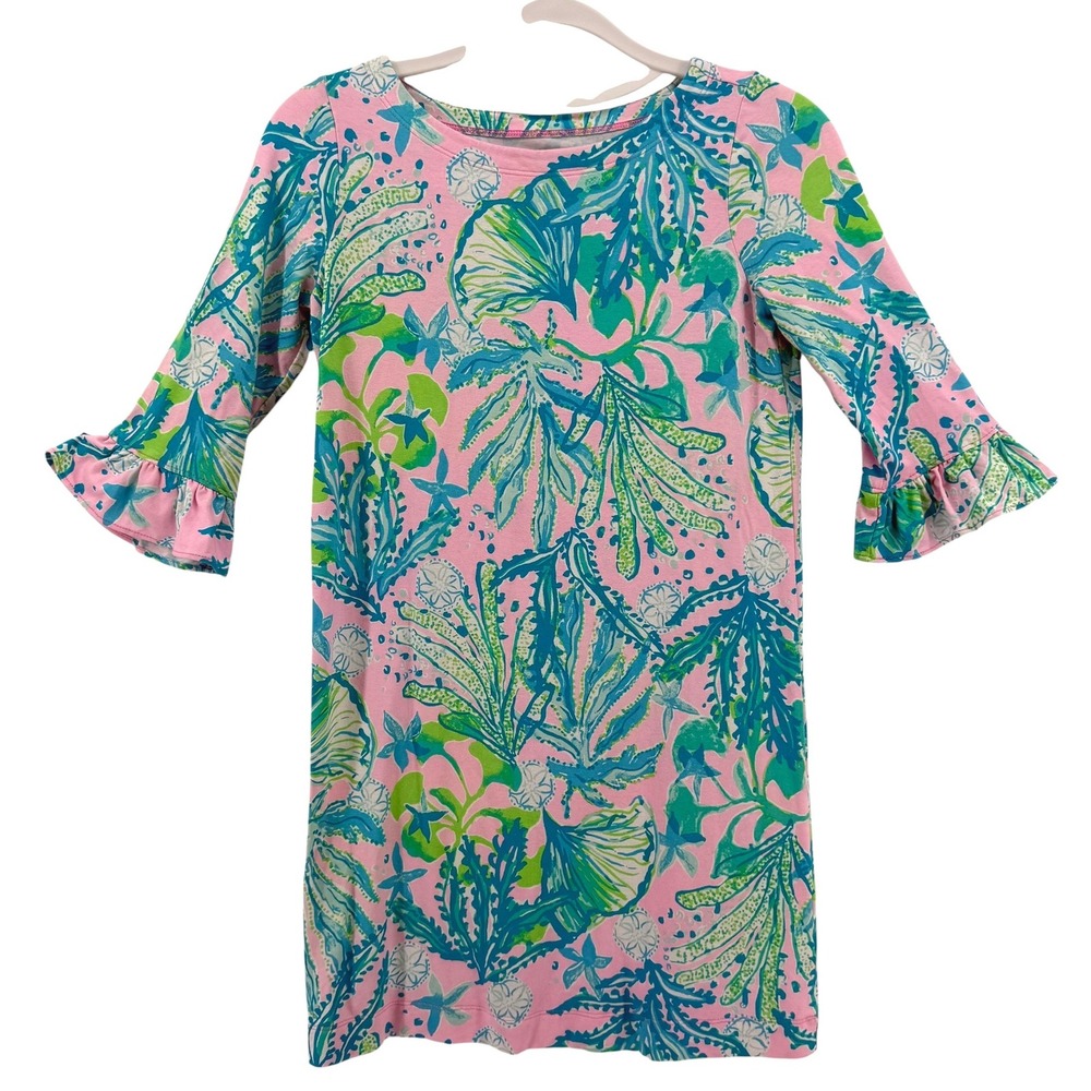 Lilly Pulitzer Girls Sophie Coastal Coral Print Ruffle Sleeve Dress L 8-10 Pink